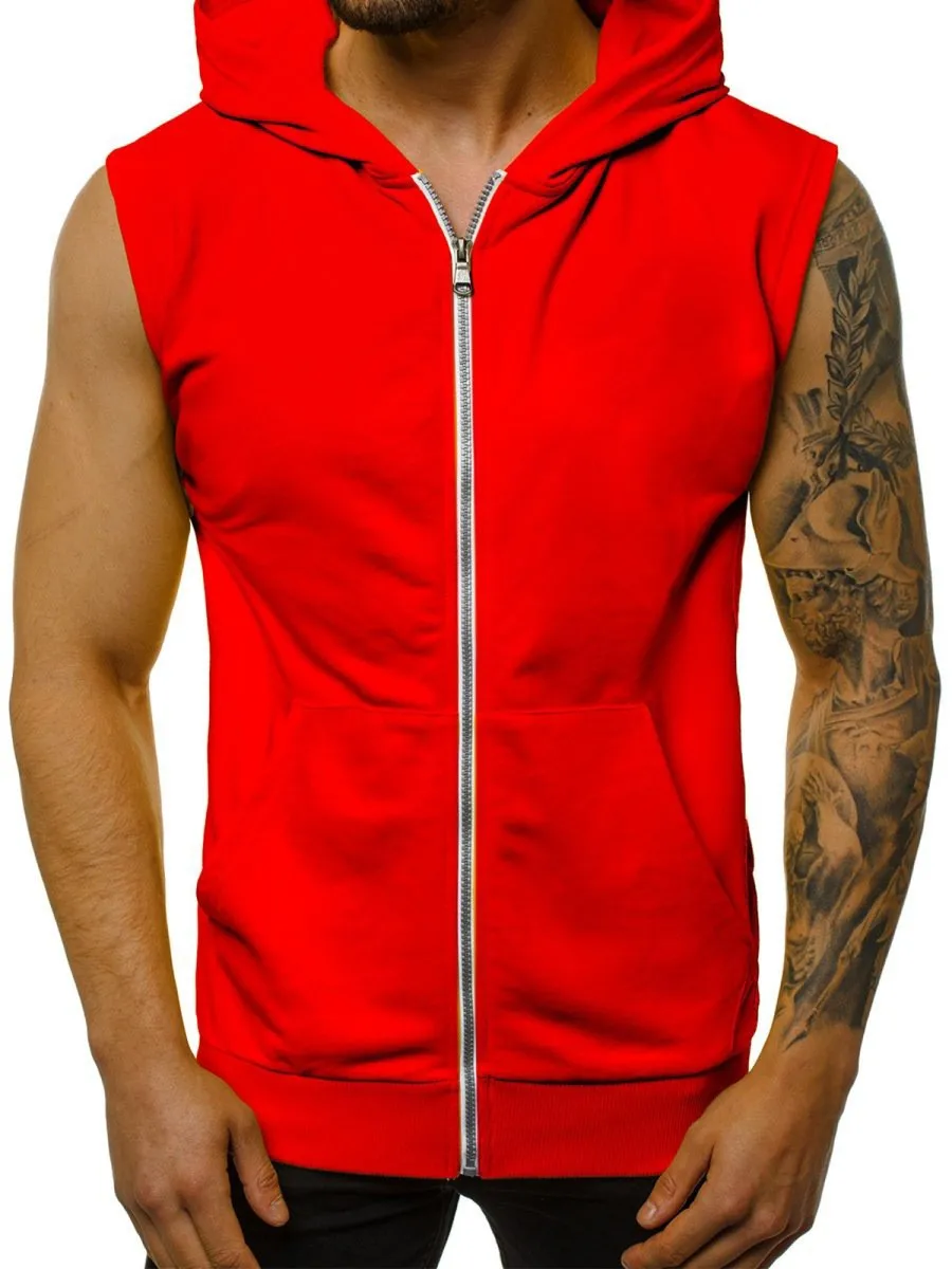 Wearing men\'s summer slim fashion fitness sports sleeveless vest, hooded cardigan jacket, trendy men