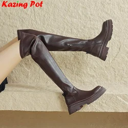 Krazing Pot 2025 Cow Leather Round Toe Thick Bottom Winter Keep Warm Modern Retro Zipper Platform Stretch Over-the-knee Boots