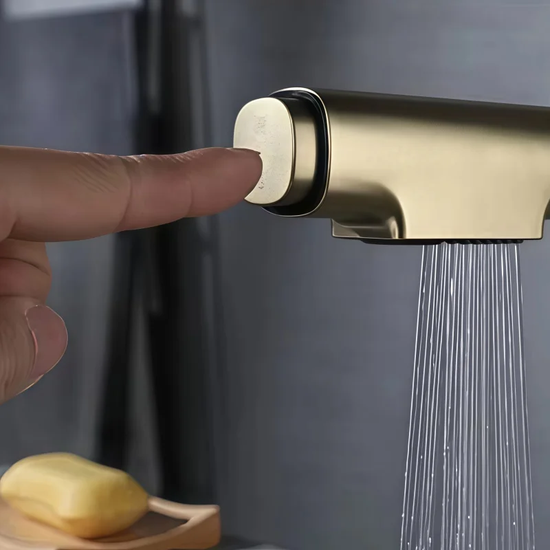 Adjustable Pull-Out Basin Faucet for Home Use, Brushed Gold Bathroom Sink Hot and Cold Water Faucet