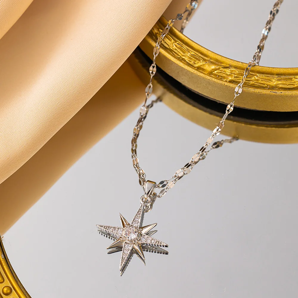 French Light Luxury and High-end Six-pointed Star Titanium Steel Necklace for Women, Versatile Micro-embedded Clavicle Chain