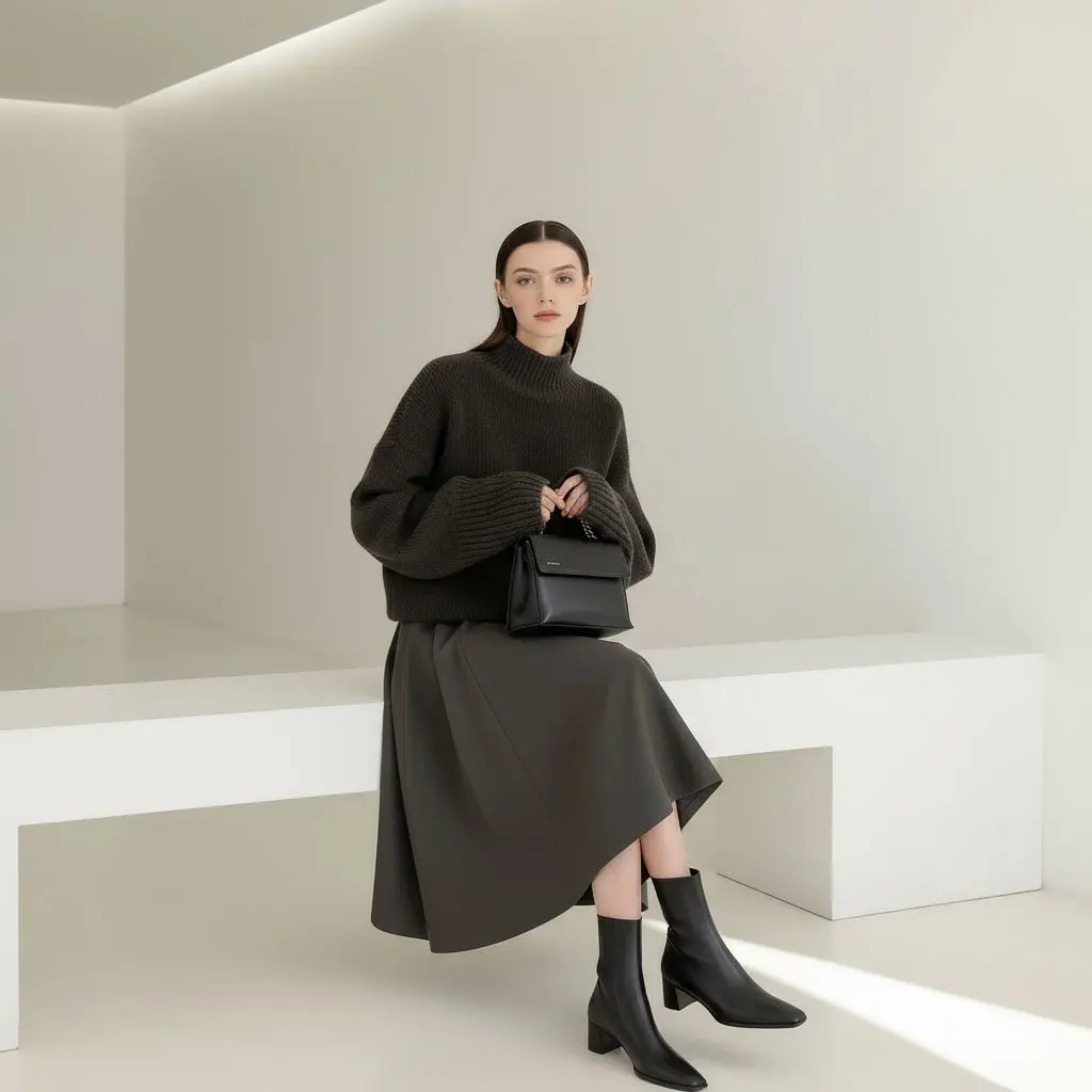 Casualowa spódnica o średniej długości, o kroju litery A, jesienno-zimowa, z regularnym stanem, odzież damska, elegancki, prosty design do noszenia na co dzień.