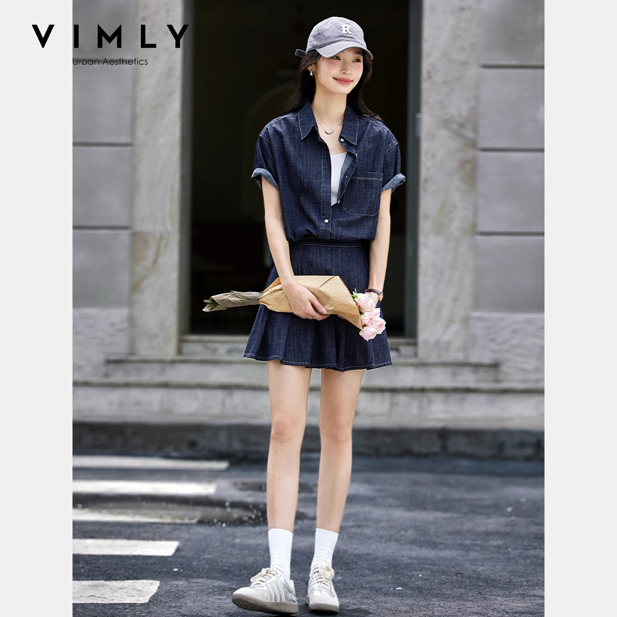 

VIMLY Denim Skirt Sets Woman Outfits 2025 Summer 100% Cotton Drop Shoulder Sleeve Shirt Pleated Short Skirt Two-piece Set A1801