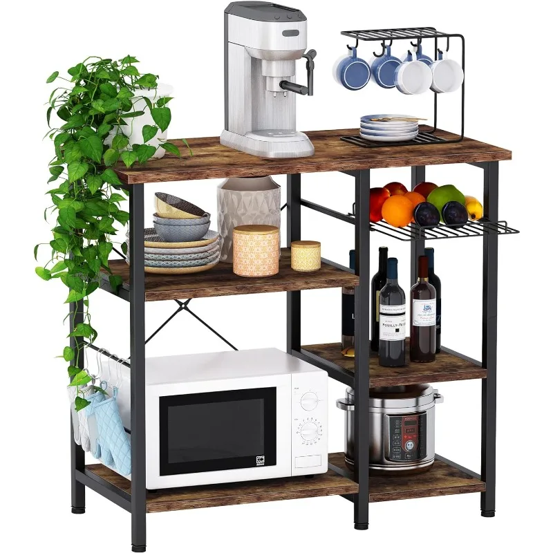 

Bakers Rack, 35.5" Coffee Bar, 10 Hooks Microwave Stand with Wire Basket, 3-Tier Kitchen Storage Shelf, Kitchen Stand