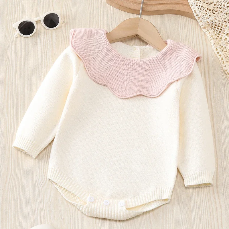 2025 New Autumn Korean Style Climbing Suit Long Sleeved Solid Color Knitted Splicing Newborn Baby Girls Knitted Bodysuits