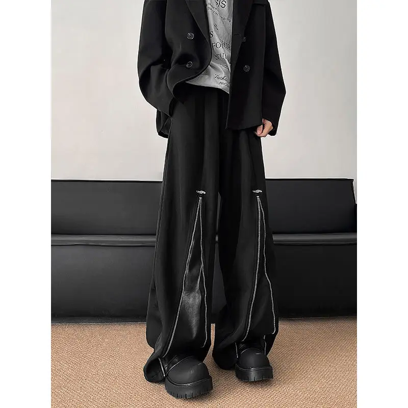 

Foufurieux Zipper Black Pants Men's Summer Thin Wide Leg Pants American Hiphop High Street Straight Leg Casual Pants