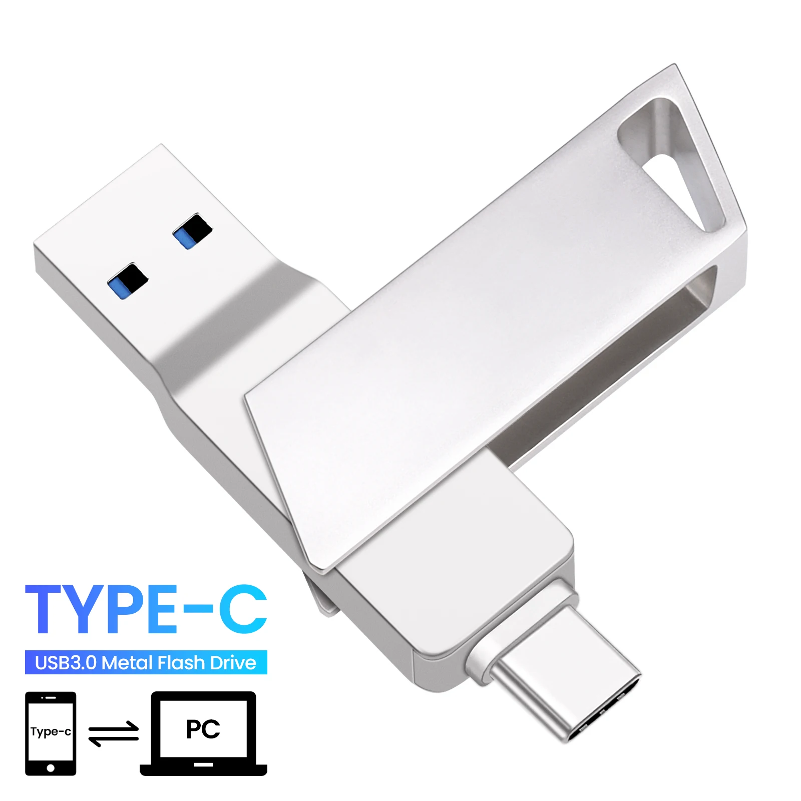 محرك فلاش USB 3.0 معدني جديد قابل للدوران من النوع C سعة 32 جيجابايت للكمبيوتر والهاتف بتصميم دوار ثنائي الاستخدام ومحركات أقلام تخزين البيانات المتينة ﻿