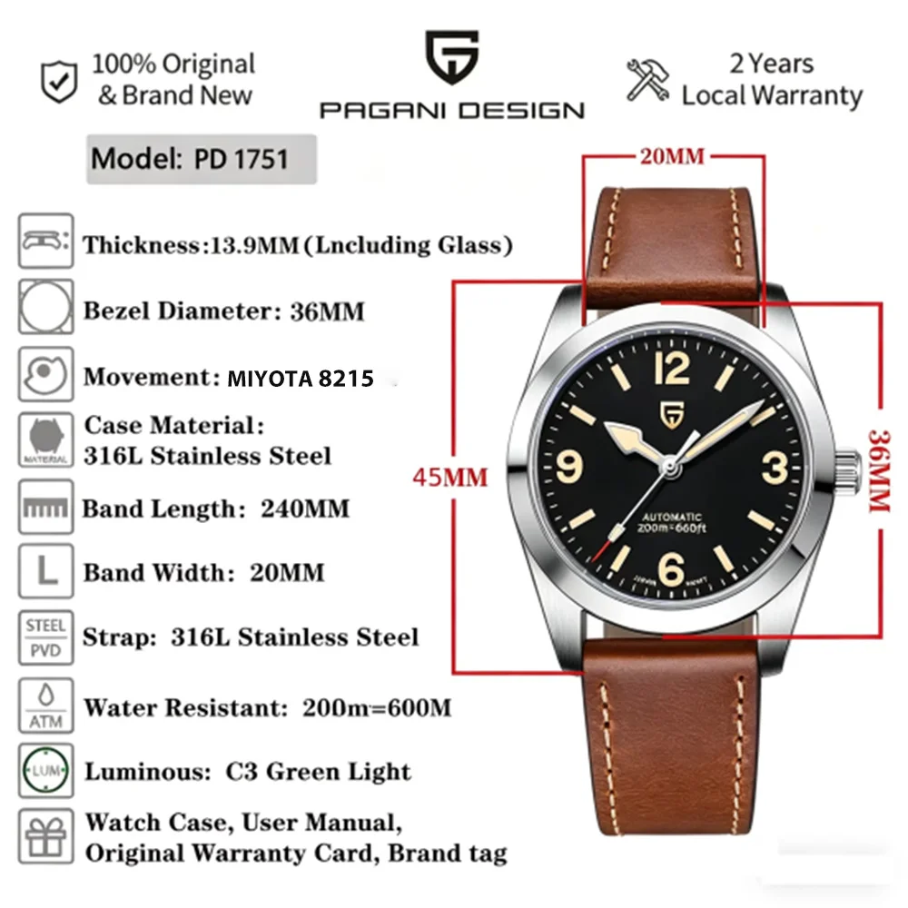 PAGANI DESIGN Automatic Mechanical Men\'s Watch 8215 Movement PD1751 Stainless Steel Sapphire waterproof 20Bar relogios masculino