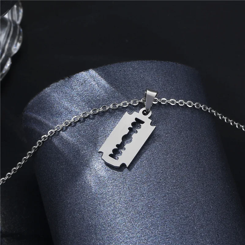 Stainless Steel Safety Blade Razor Pendant Necklace Punk Hiphop Jewelry For Men Boys Geometrical Small Dangling Choker XL13