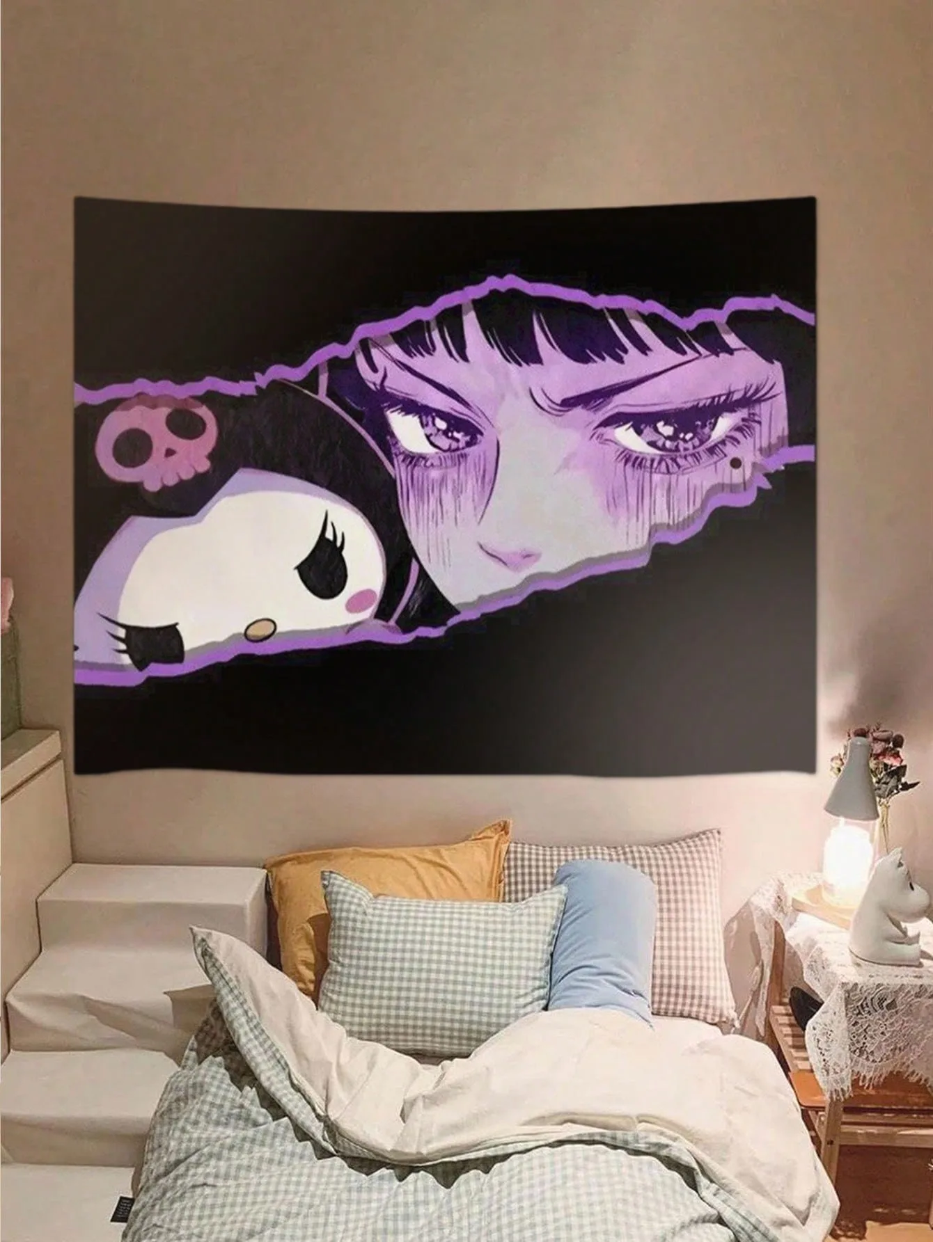 سانريو Charcats الكرتون Kuromi المطبوعة نسيج أبيض وأسود نسيج فتاة غرفة الجدار الشنق الديكور هدية تزيين المنزل