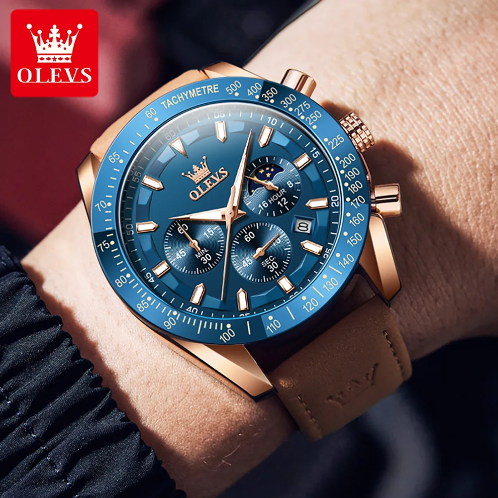 OLEVS Men\'s Quartz Watch New Original Date Calendar Moon Phase Waterproof Luminous Brown Leather strap Quartz Watch for Men