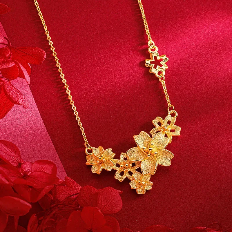 9999 Real Gold 24K Sansheng Flower Set Chain Gold Premium Flower Clavicle Necklace Wedding Flower Necklace