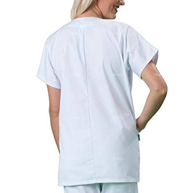 Uniforme de enfermera para pareja, Top de manga corta con múltiples bolsillos, Color puro, talla grande, ropa blanca