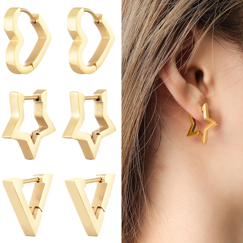 Classic Stainless Steel Hoop Earrings For Women Men Heart Star Oval Rectangle Round Triangle Gold Color Punk Hip Hop Jewelry