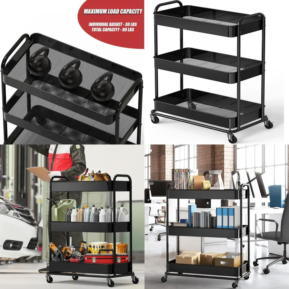 

26 Wide 3-Tier Sturdy Metal Cart for Home, Office, and Spa Storage - Black