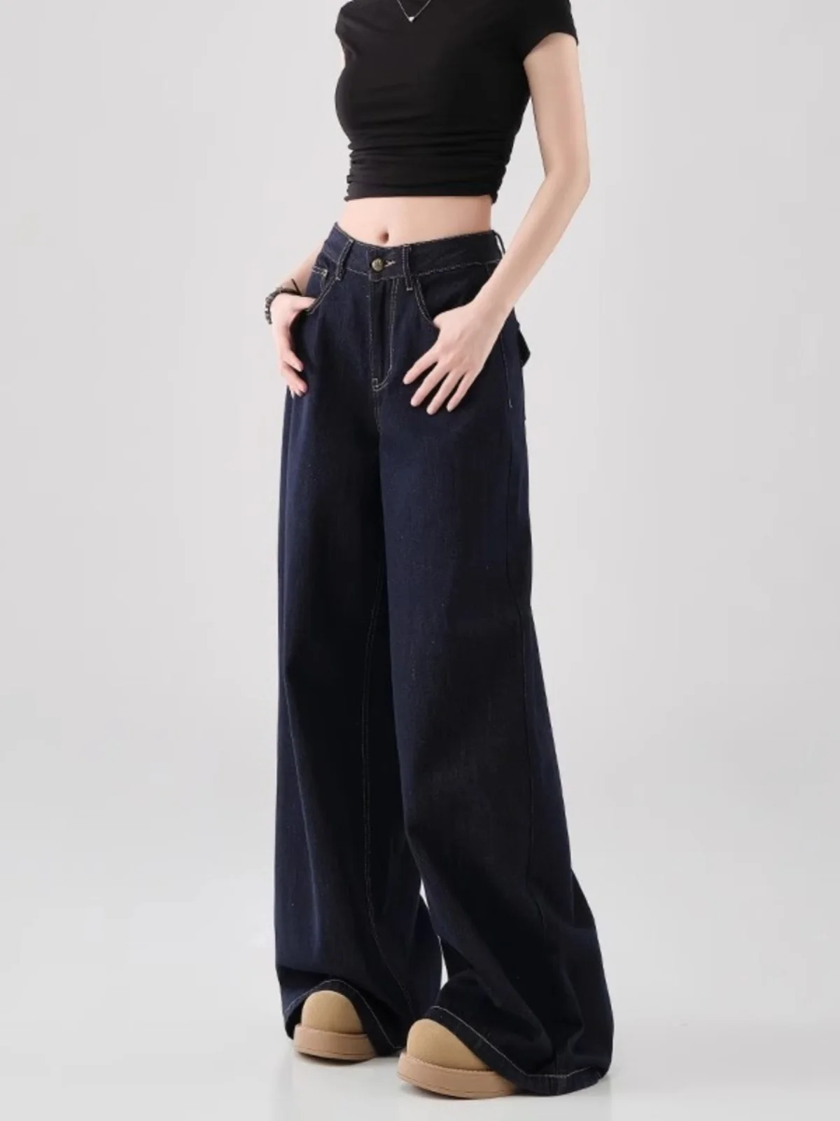 Deep Blue Women's High Waist Wide Leg Jeans Casual Style Original Color Loose Fit Spring Autumn New Arrival Durable Denim