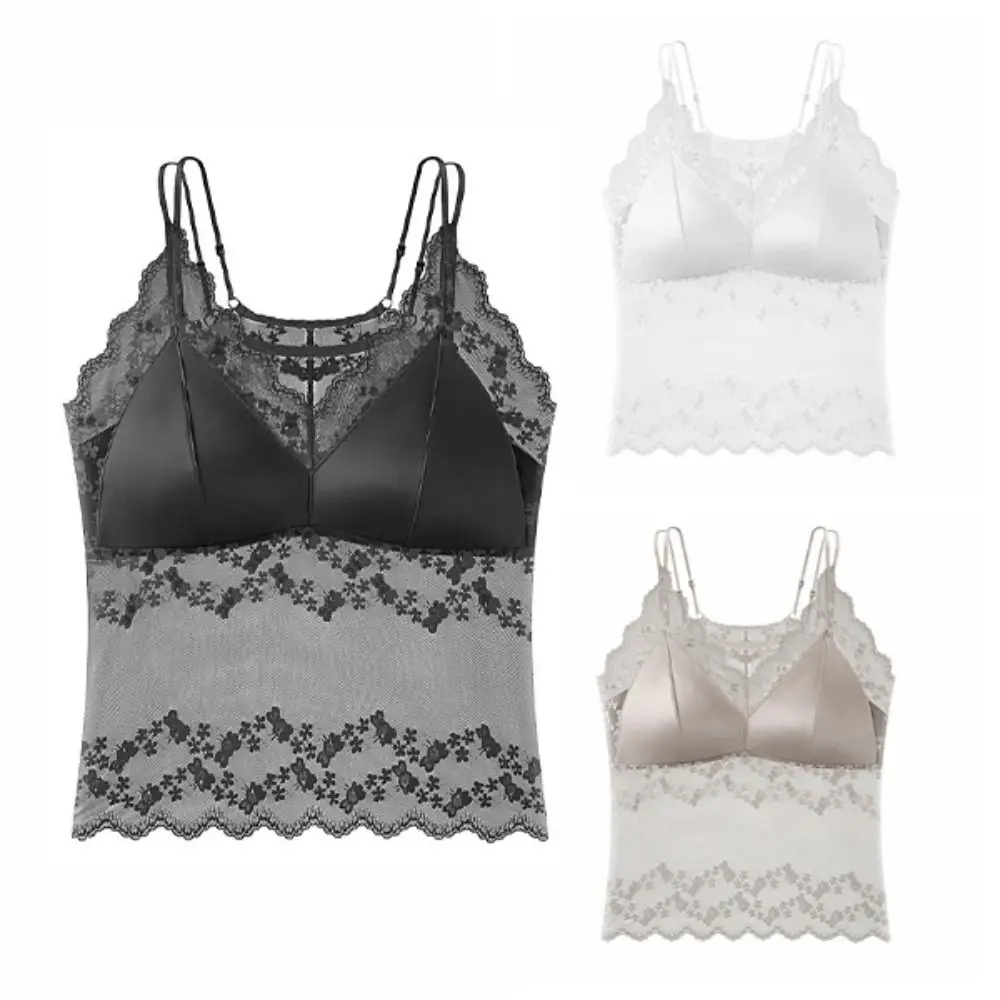 Camisola de encaje transparente de malla dulce, Tops cortos finos de encaje con tirantes, camiseta interior sin mangas, chaleco con tirantes para primavera y verano