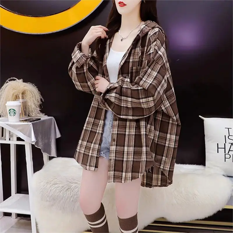 Hooded Plaid Long Sleeved Shirt for Women\'s Spring Autumn New Korean Version Lazy Style Loose Casual Commuting Shirt Jacket Top