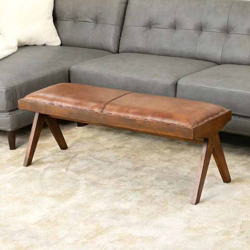 

Mid-Century Modern Tan Leather Bench for Stylish Home Decor