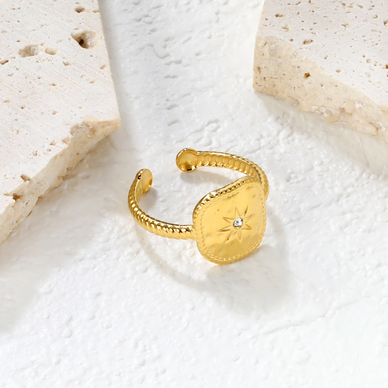 ASONSTEEL Trendy Sunshine Zirconia Shell Open Ring Stainless Steel Waterproof Gold Color Finger Rings Jewelry Dainty Daily Wear