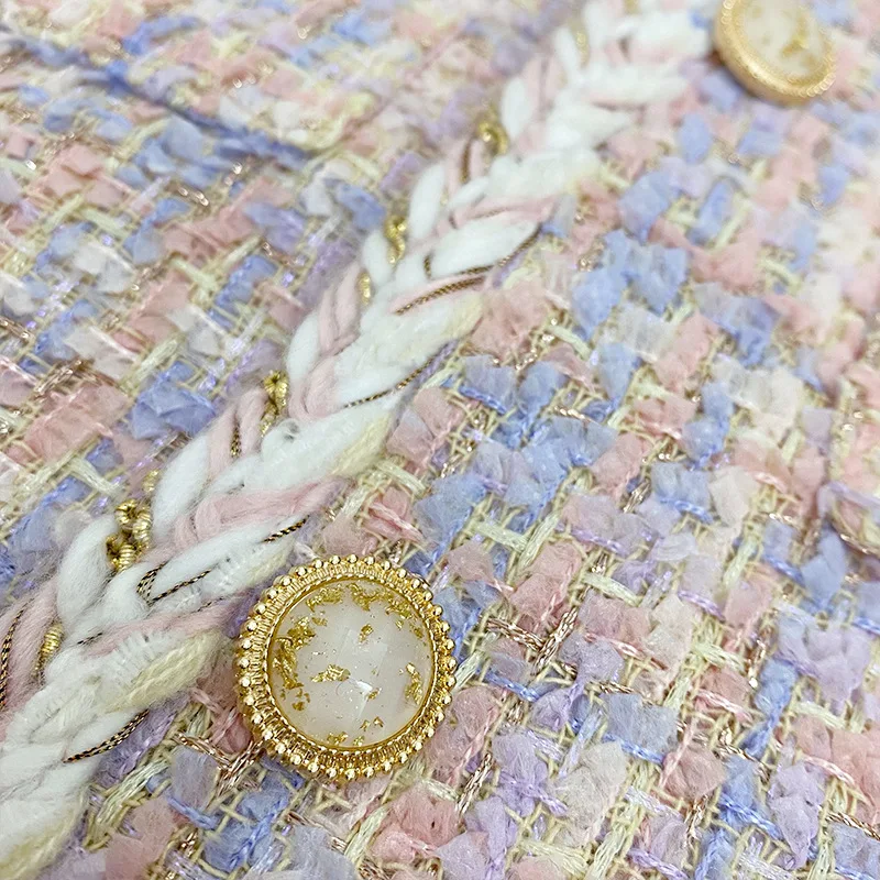 Růžový vlněný tvídový pletený krátký kabát pro dámy, podzimní a zimní, těžký pracovní módní kulatý výstřih, otevřený kardigan, moderní polyesterová tkanina - náhled 2