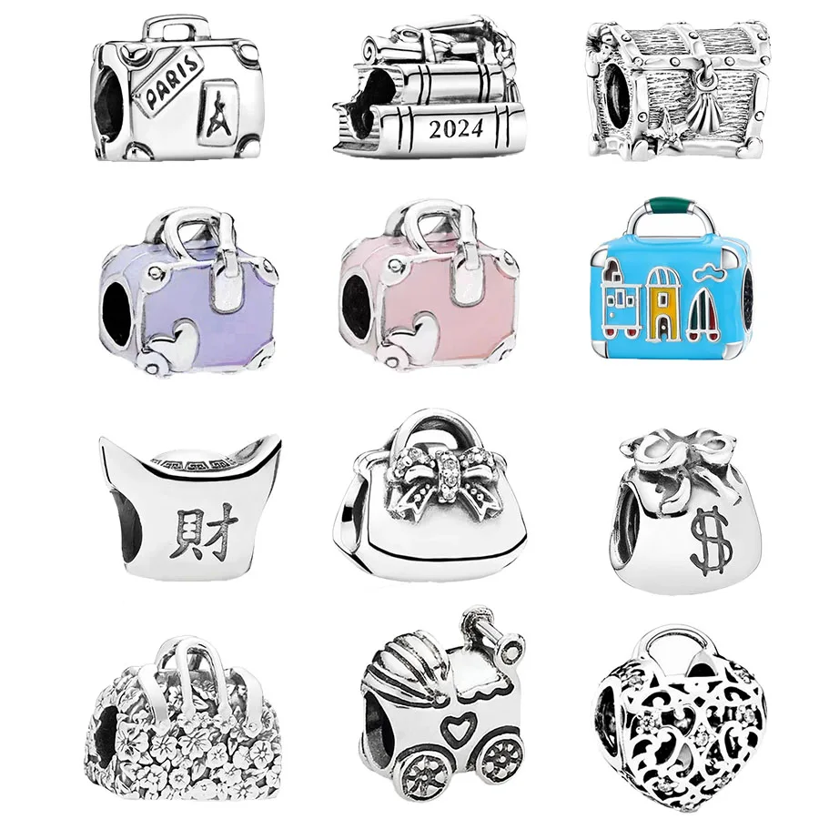 Colourful Pink Travel Bag & Adventure Suitcase Fashion Charm Bead Fit Original Women 925 Sterling Silver Bracelet Jewelry Gift