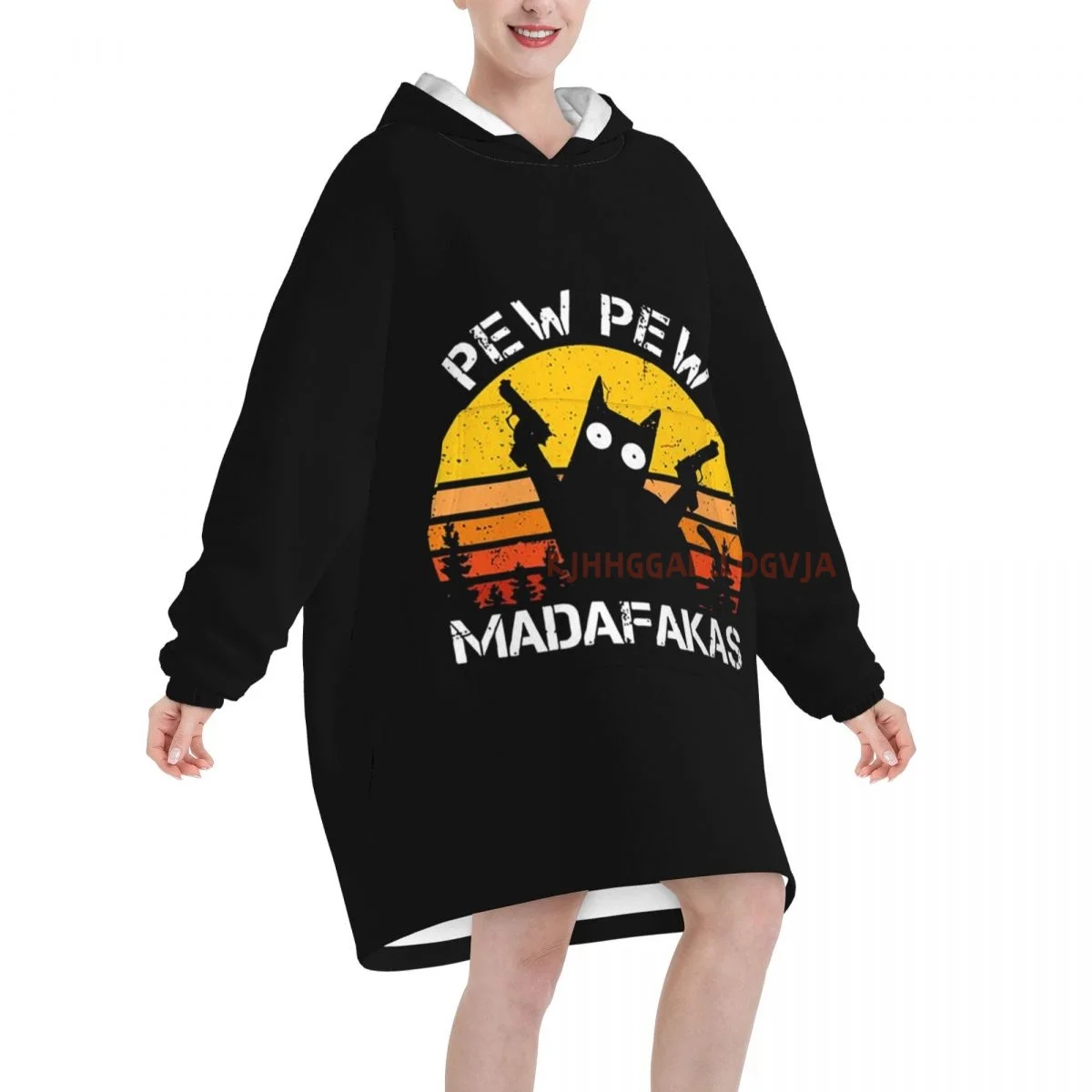 Pew Pew Madafakas Cat Wearable Flannel Blanket Hoodie Oversized Hooded Blanket Pullover Sweatshirt Fleece Sherpa Blankets