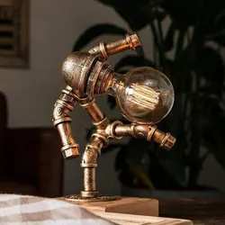 American Retro Industrial Wind Table lamp Iron Robot Pipe Study Table Bedside Water Pipe Table Lamp With Switch Retro Decorative