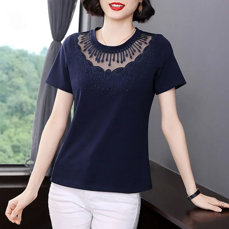 Female Clothing Stylish Diamonds T-shirt Embroidery Sexy Gauze Hollow Out Spliced Summer Casual Short Sleeve Straight Pullovers