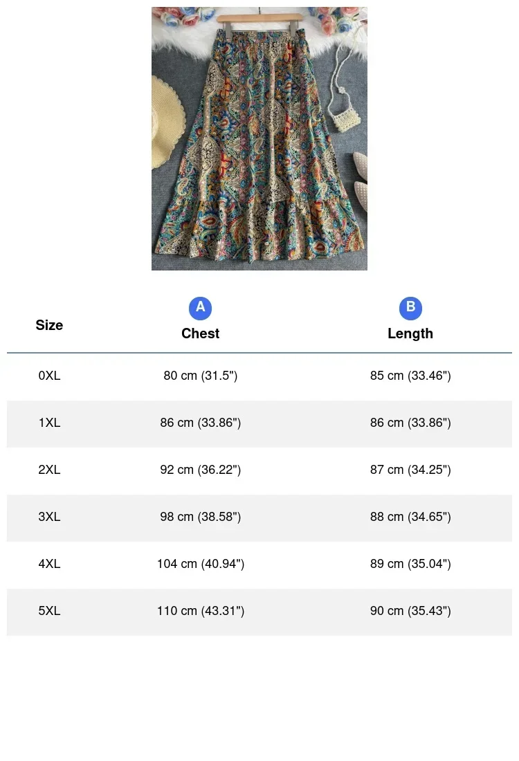 Europäischer Plus-Size Damenrock mit Ethno-Paisley-Print, dehnbarer elastischer Bund, Rüschensaum, Bohemian-Stil, langer Freizeitrock – Detail 3
