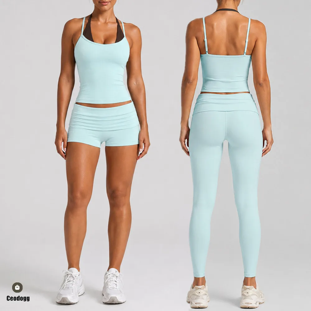 Women Brushed Polka Dot Fake Two Piece Yoga Set Fold Over Waistband Moisture Wicking Scrunch Butt Gym Outfit Wear XP80