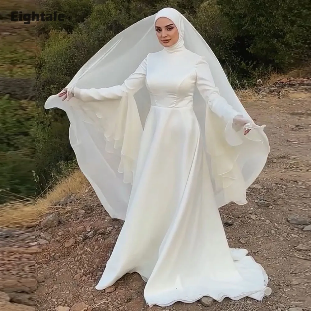 Eightale vestido de casamento árabe personalizado marfim gola alta vestido de noiva mangas compridas muçulmano a linha vestido de festa de noiva