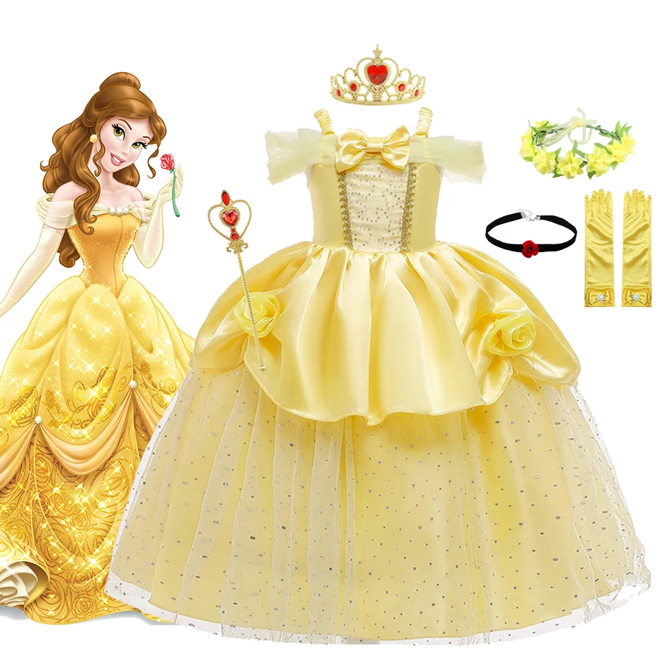 2024 Cosplay Belle Dress Girls Dresses For Beauty and the beast Kids Party Clothing Magic stick crown Children Costume