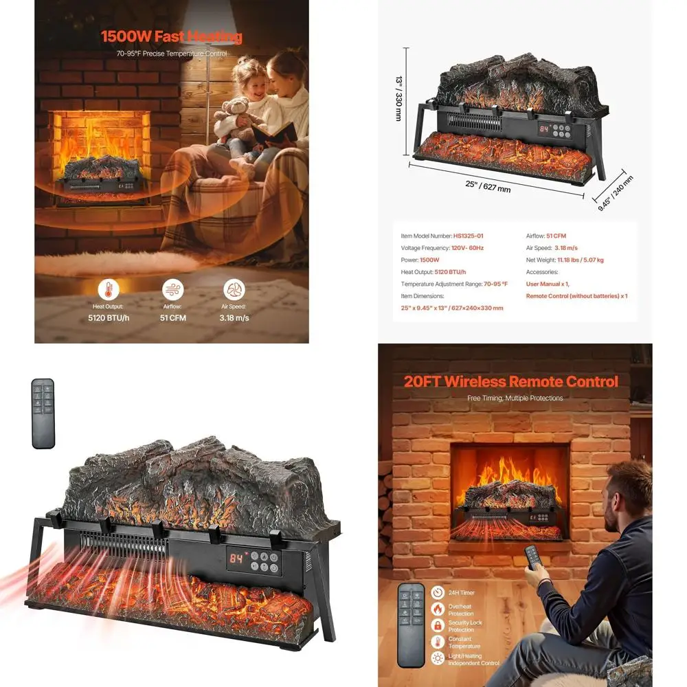 

25-дюймовый электрический камин с эффектом пламени, пультом ДУ, регулировкой яркости, таймером, защитой от перегрева, идеально подходит для дома