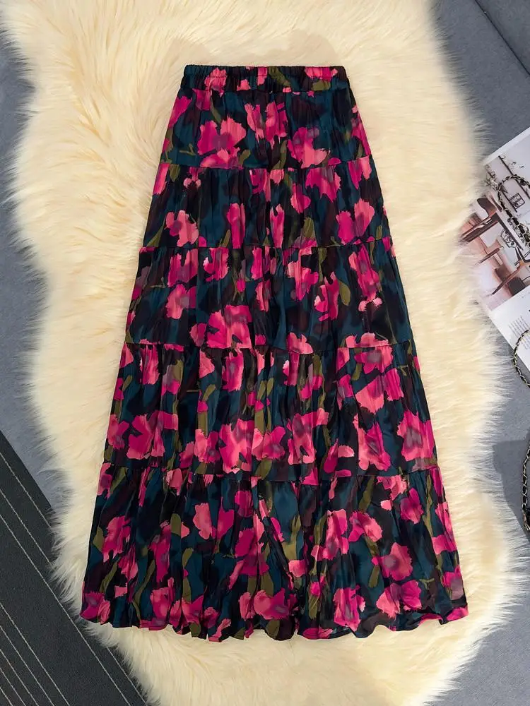 

Korean Fashion Red Floral Print Skirt Women 2024 Spring Summer New Purple Floral Elegant A-line Beach Holdiay Long Skirts Trendy