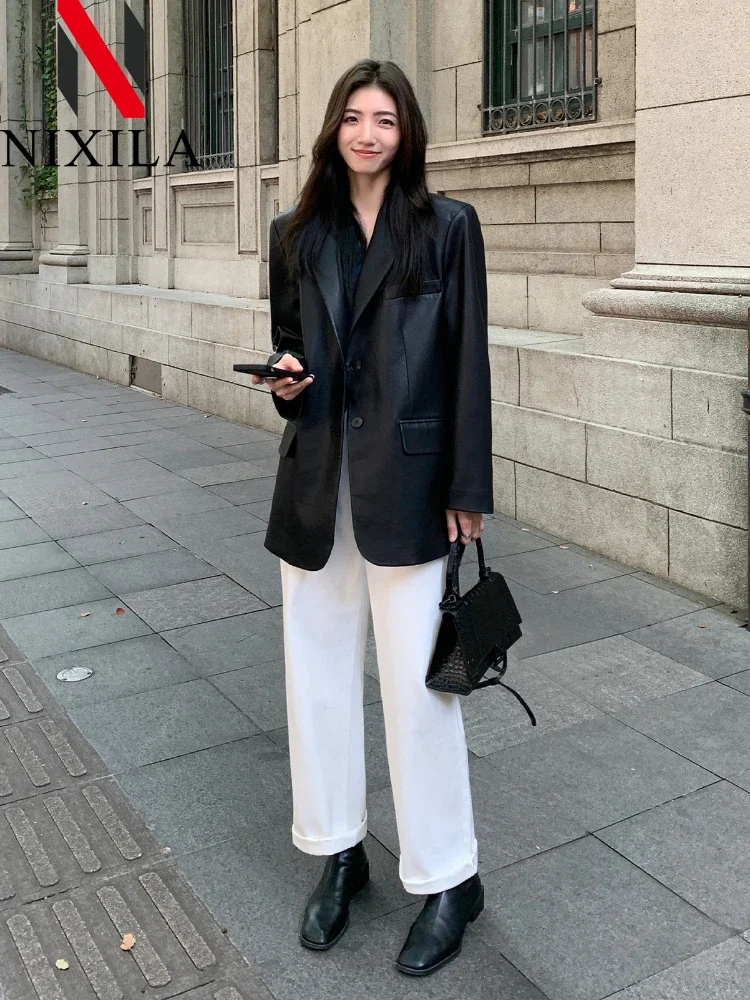 New in Spring Autumn Fashion Elegant Pu Coat Lapel Office Luxury Jacket Long Sleeve Tops  Formal Blazers Slim Fit Flap Pockets