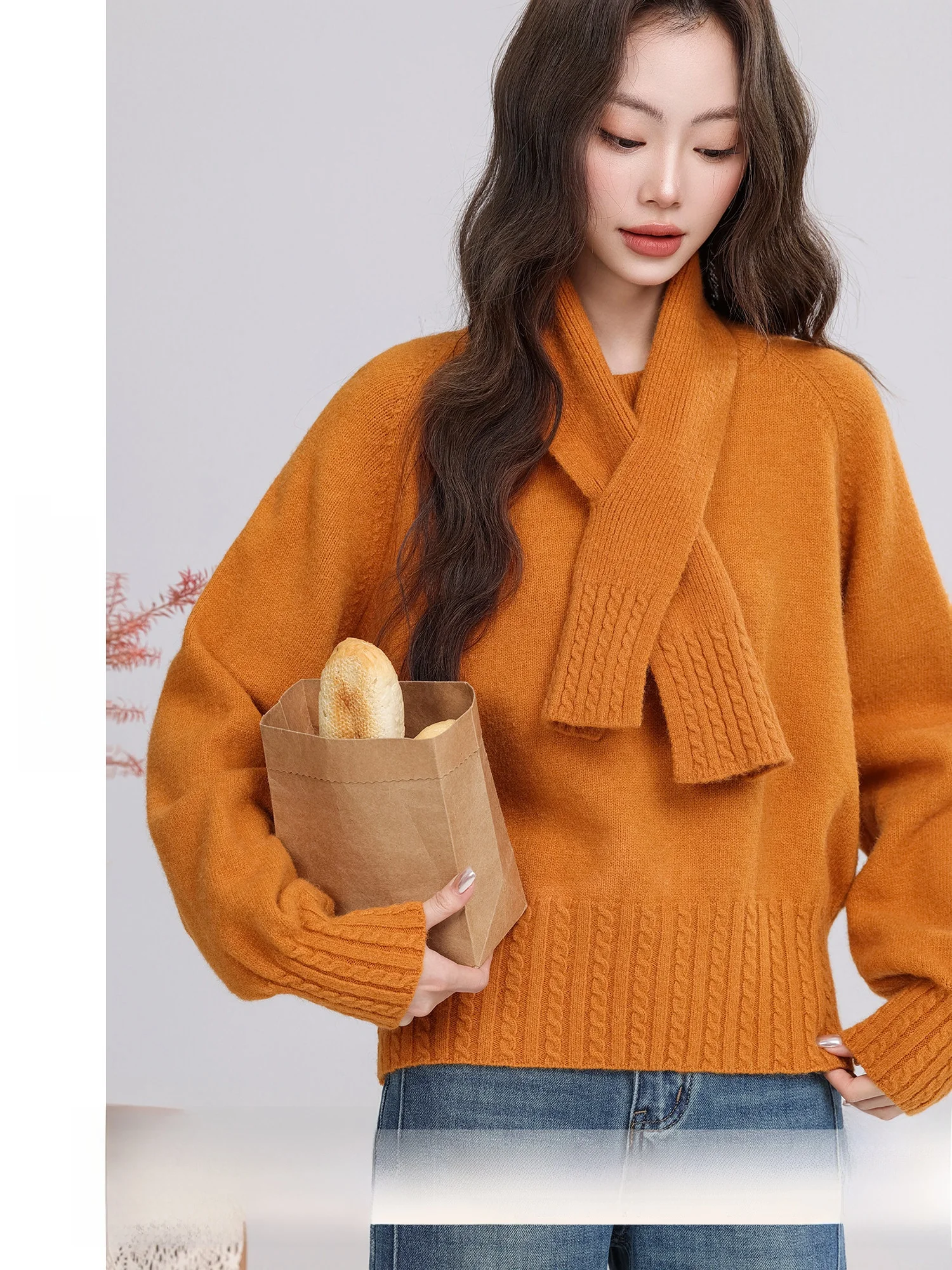 

Женский корейский свитер Jiange Orange Twist, свободного кроя, зимний, модный, мягкий, из полиэфирного волокна, с длинными рукавами, круглым вырезом