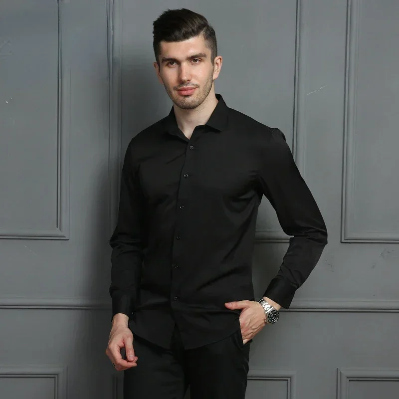 

Men's Black Shirt Long Sleeve Shirt Business Slim Pure White Dark Twill Solid Color Tooling Career