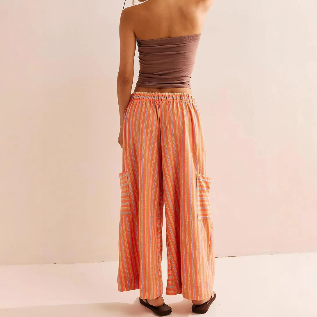 New Spring Summer 2025 Colorful Striped Pants Casual Fashion Loose Lace Up Straight Pants Women