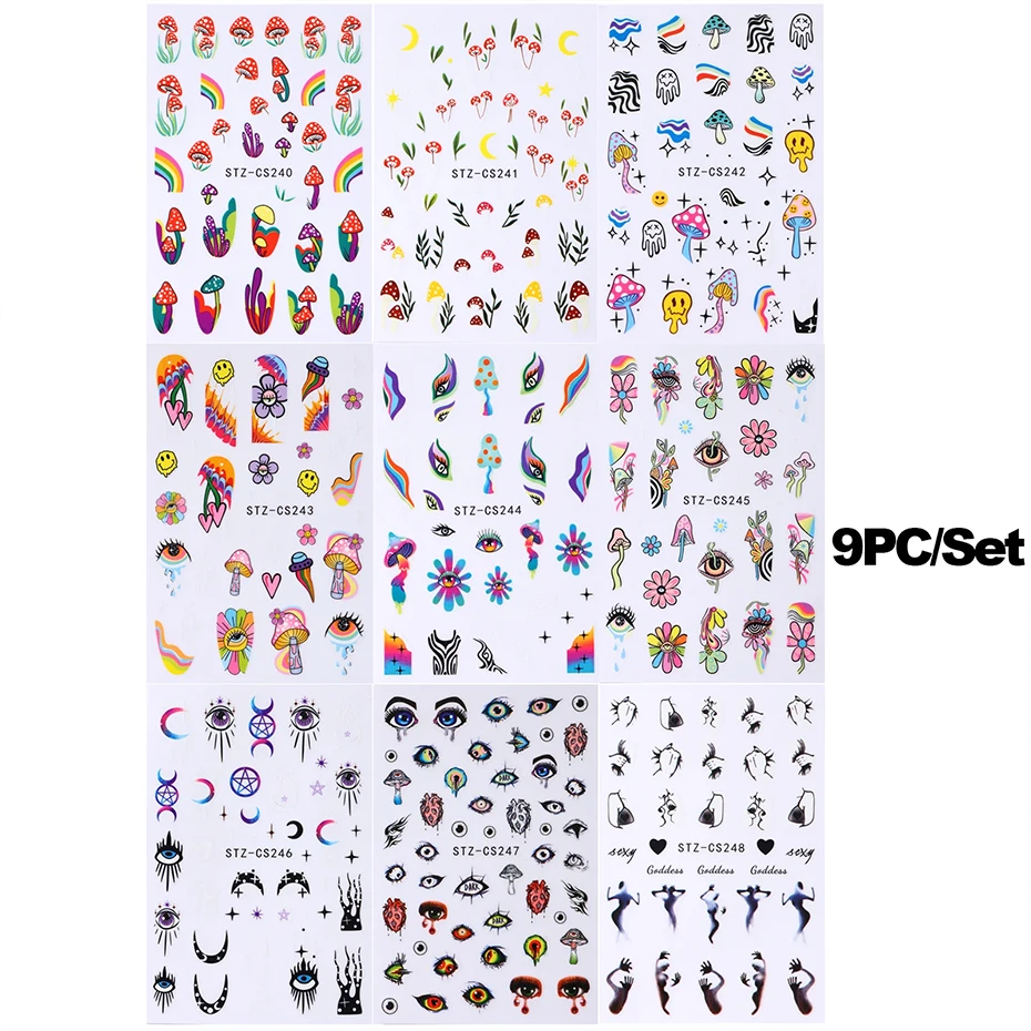 Pegatinas adhesivas para uñas, 9 piezas, flor de mal de ojo, hongo, estrella, Luna, cara sonriente, decoración artística de uñas, diseño colorido