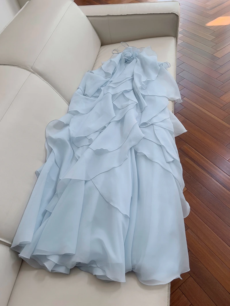 

Blue Floral ter Ne Gown with Lace Trim 3D Flowers Summer Vaion Dr Korean Sle High Waist A-Line Skirt Long Dr