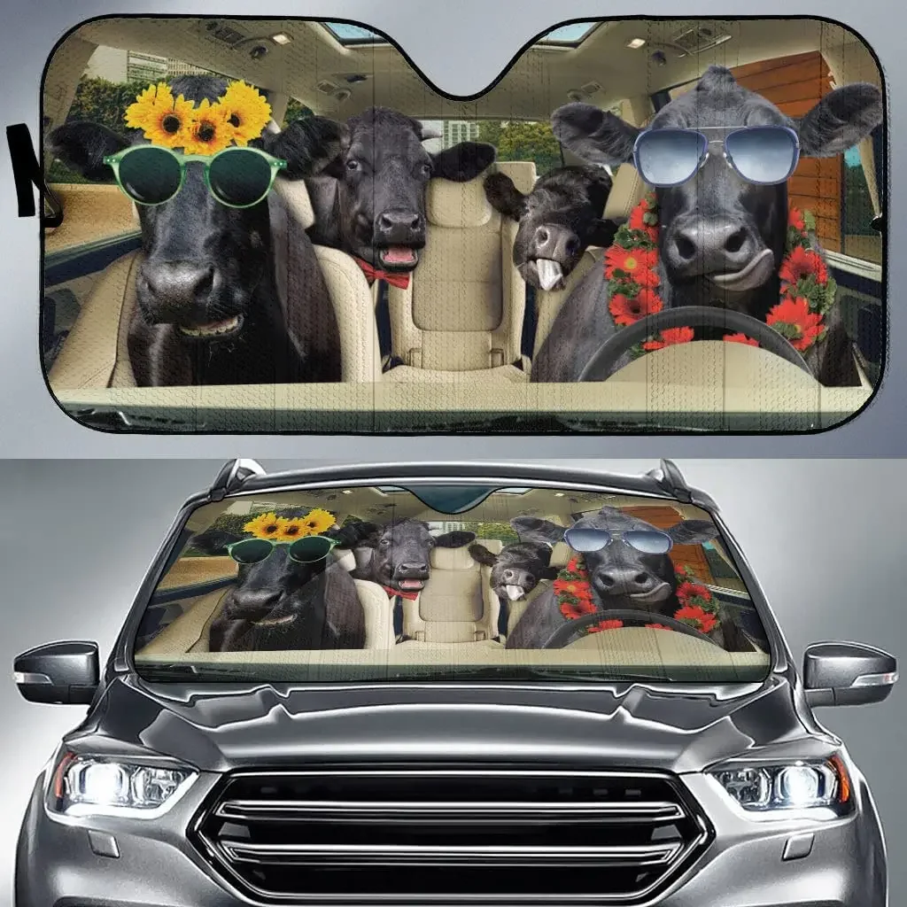 Funny Black Angus Family Driving with Sunglasses Sunflowers Sunshade, Black Angus Driving Auto Sunshade for Farmer, Car Windshie