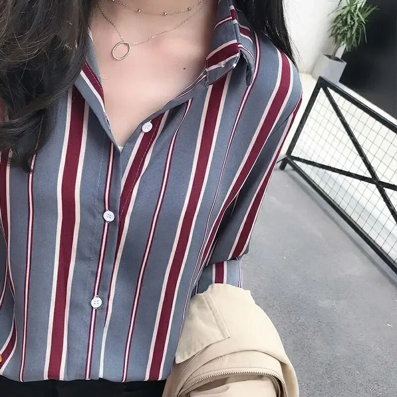 Loose Striped Blouse Shirt for Women Spring Autumn Long Sleeves Single Breasted Shirts Female Vintage Casual Streetwear Blusas