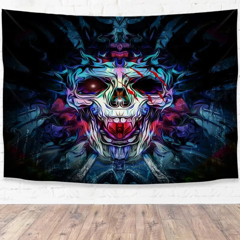 Neon Skull Abstract Wall Tapestry Psychedelic Gothic Art Decor for Dark Room Vibes