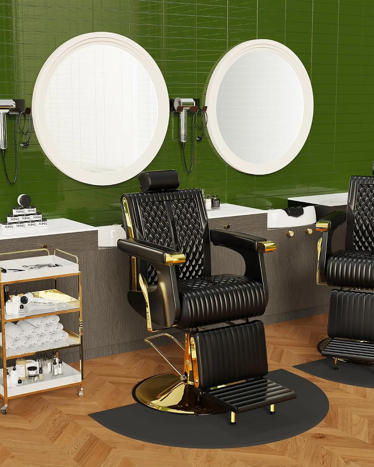 Classic Gold Reclining Barber Chair, Luxury Trim Design with PU Upholstery, Comfortable Cushion and Swivel Base,, Customized