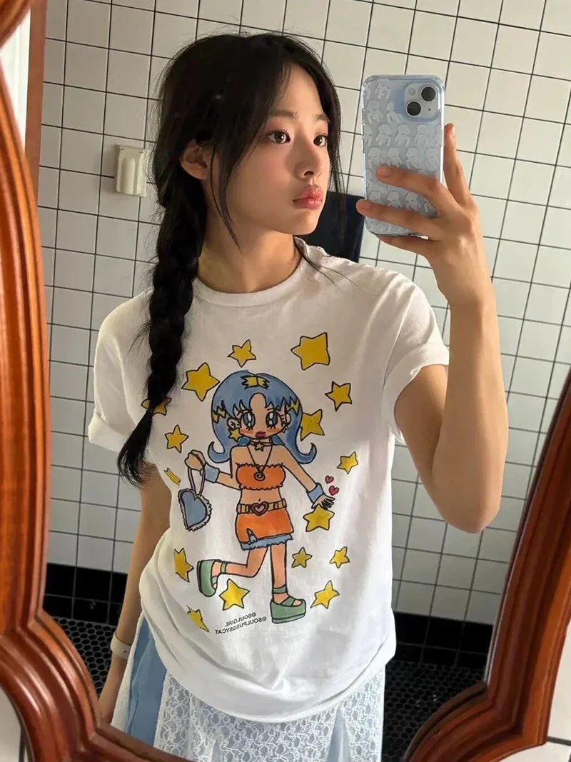 

NewJeans Minji Summer Casual Short Sleeve T Shirt Women's Round Neck Tops Comfortable Breathable Casual Wear Tee