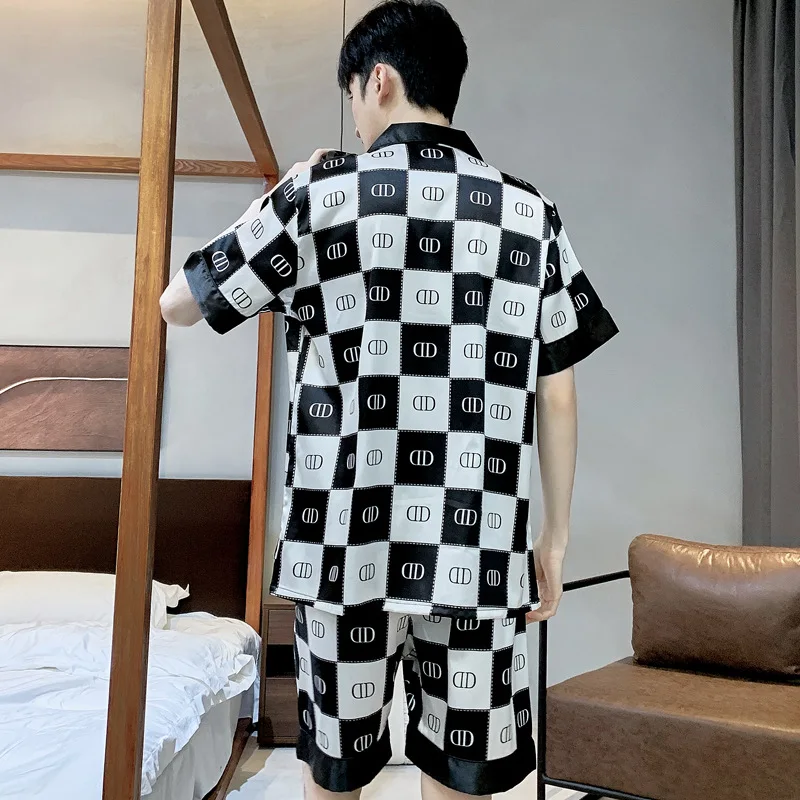 Novo conjunto de pijamas masculinos verão alta qualidade seda gelo manga curta noite wear fino cetim pijamas masculino casa roupas pijamas adolescente