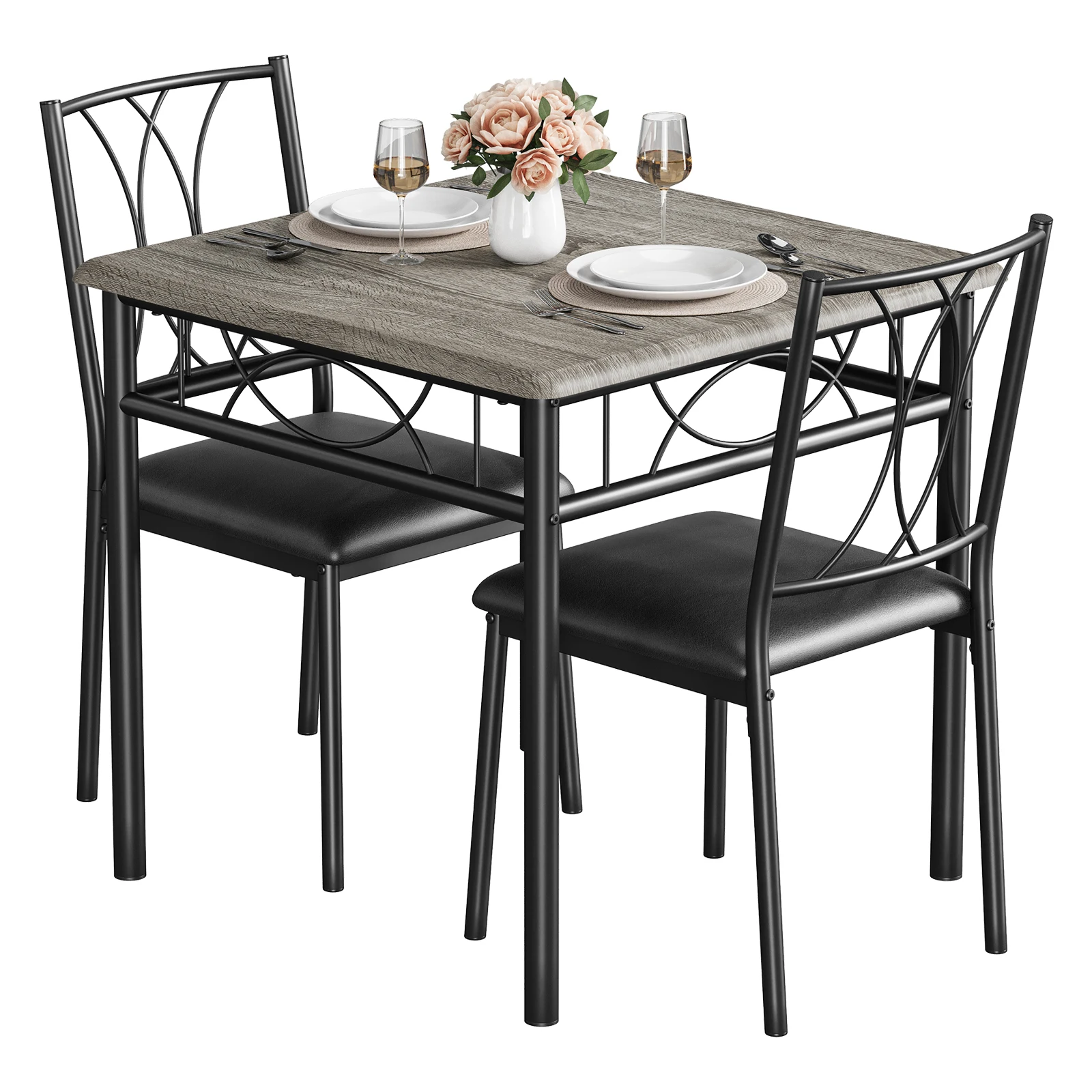 Dining Table Set for 2, Kitchen Table and Chairs, Square Dining Room Table Set with 2 Metal and Wood Chairs for Small Spaces, Ap