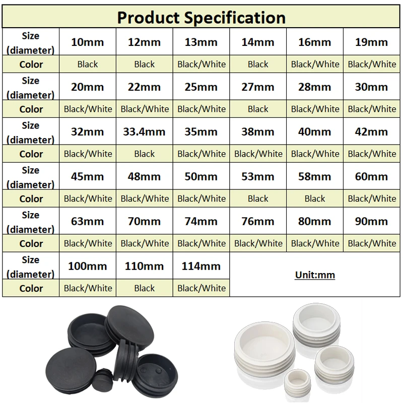 Round Plastic Blanking End Cap White/Black Furniture Foot Plug Dia14mm~60mm Tube Dust Cover