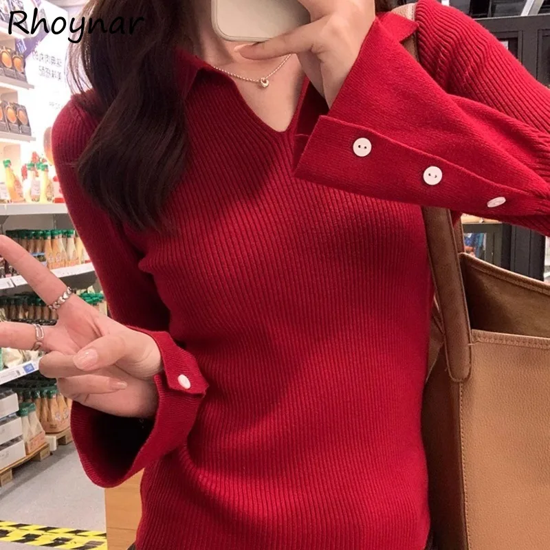 

Flare Sleeve Pullovers Women Single Breasted Design Turn-down Collar Basic Inner Knitted Tender Sweater All-match Solid Autumn