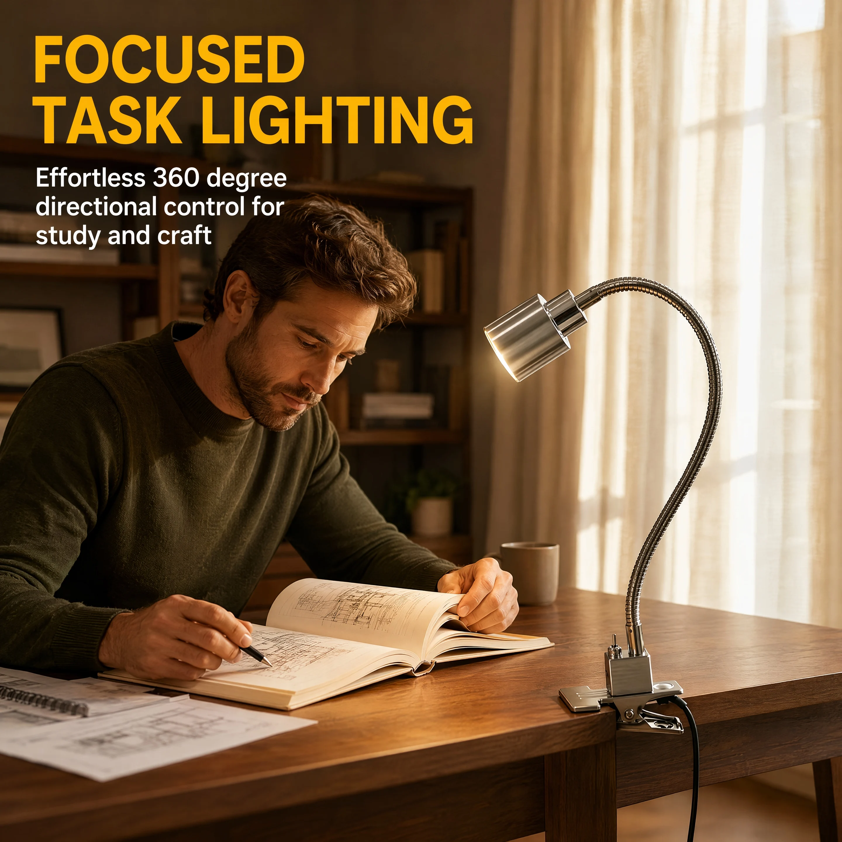 Flexible Gooseneck Clip On Lamp 230V EU Plug E27 Stainless Steel Clamp Reading Light for Desk Bedside Drafting Workbench Study